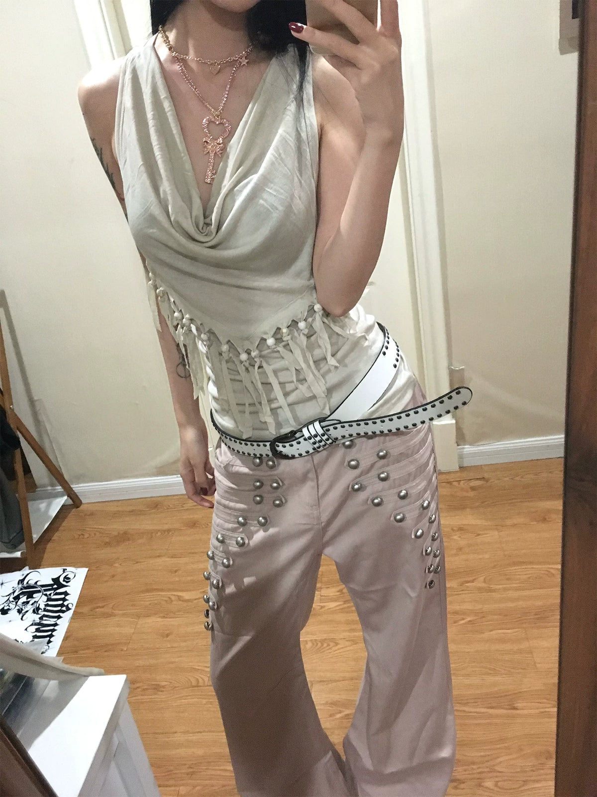 FayChui Metal Buckle High-Waist Wide-Leg Trousers