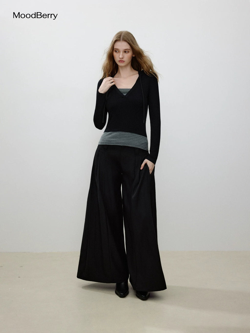 MoodBerry American Retro Pleated Wide-Leg Low-Rise Trousers