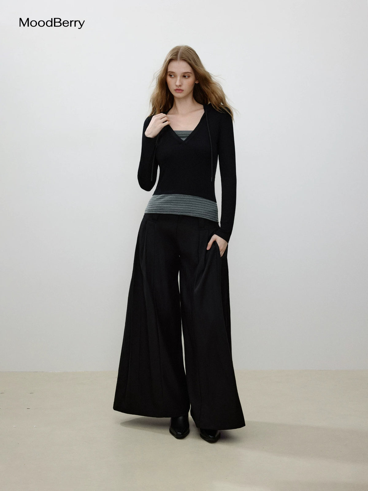 MoodBerry American Retro Pleated Wide-Leg Low-Rise Trousers