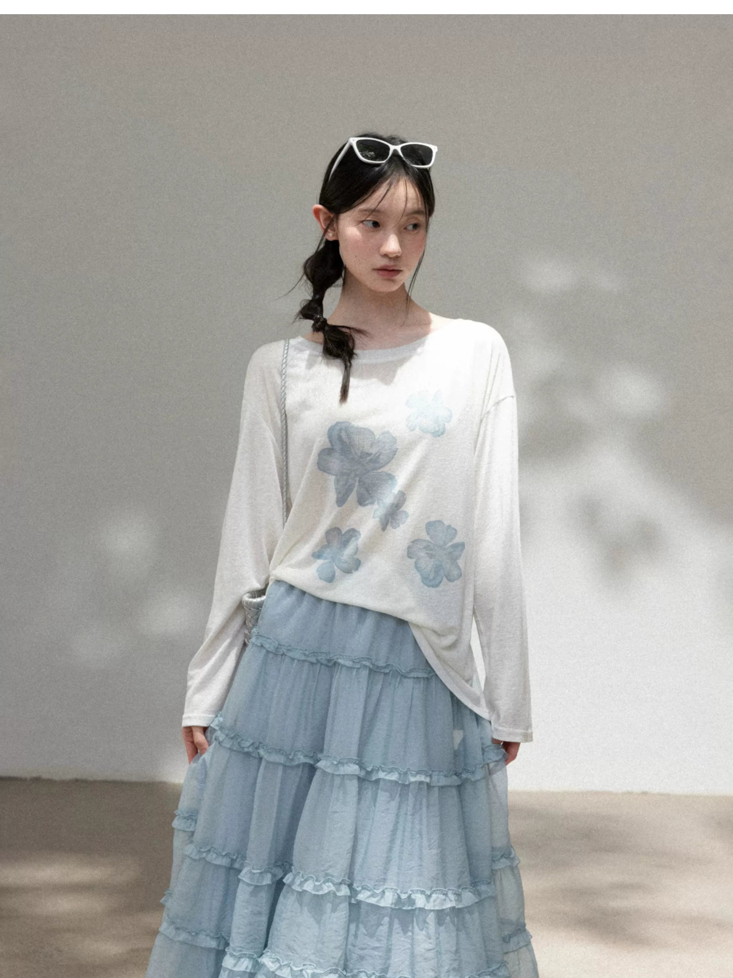 Cantonstory Lazy Crew Neck Thin Long Sleeve Skirt Set