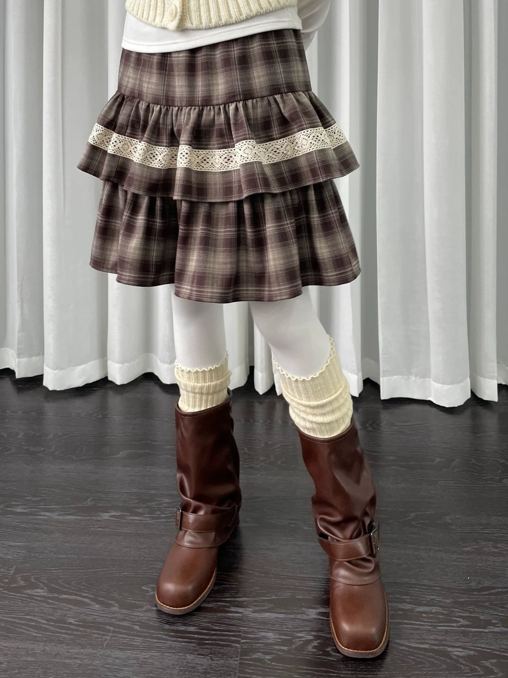 Loosesmell Plaid Patchwork Lace Double Dress