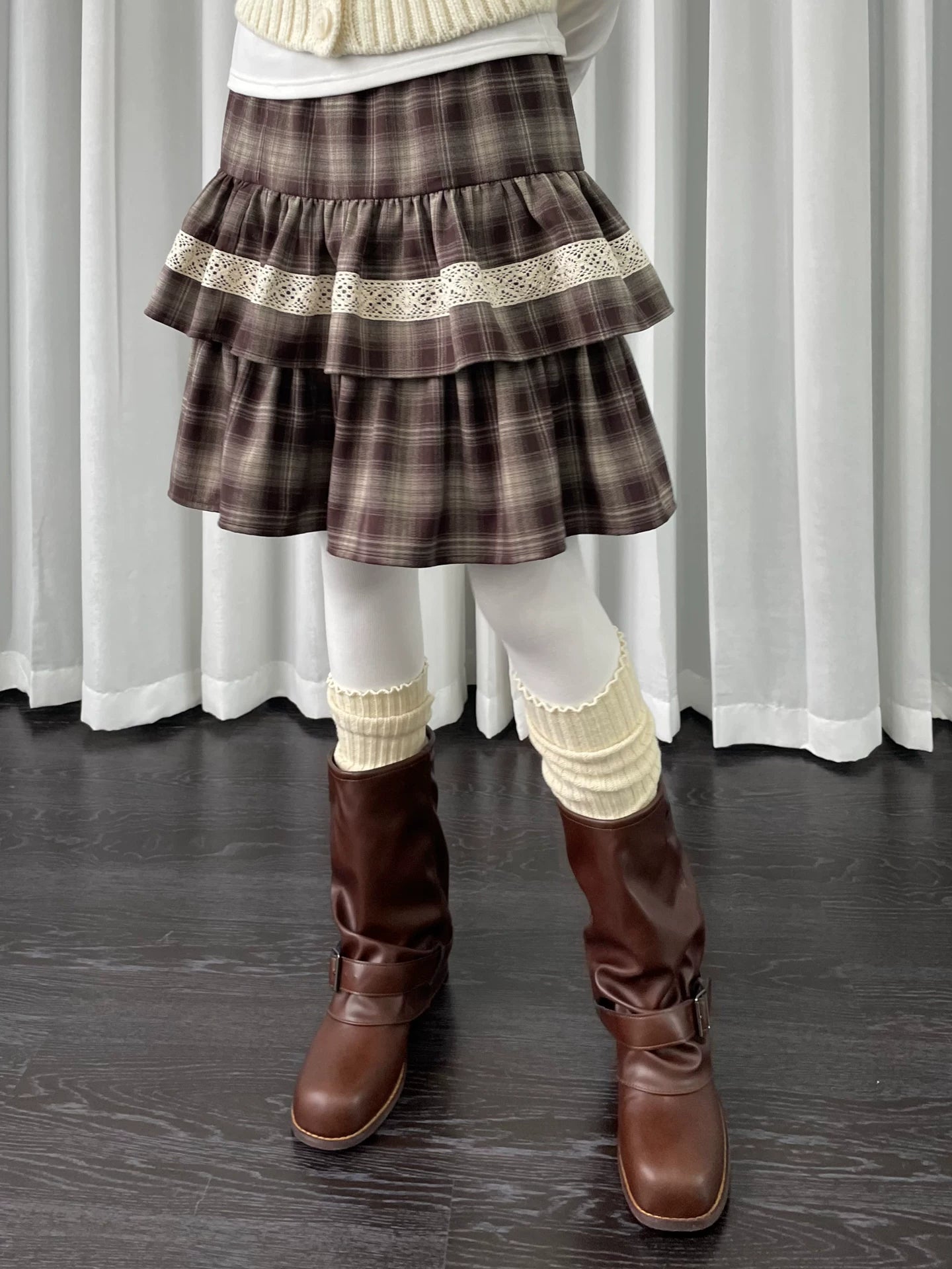 Loosesmell Plaid Patchwork Lace Double Dress