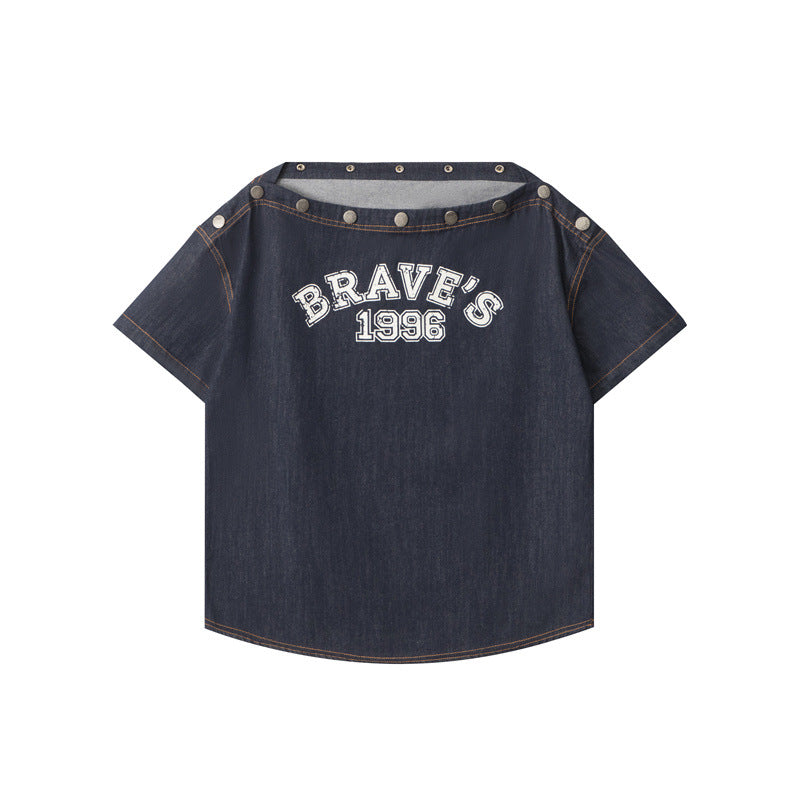 Nariele Print Loose One-letter Collar Sloping Shoulder Tee
