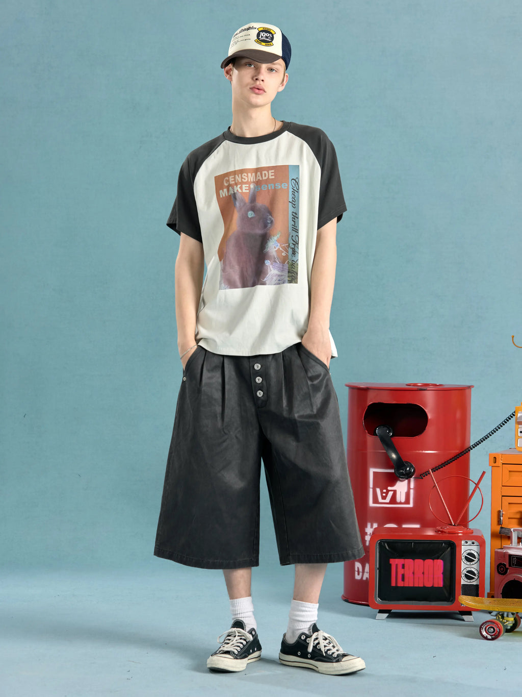 CENSMADE Retro Shoulder Splicing Casual Loose Tee