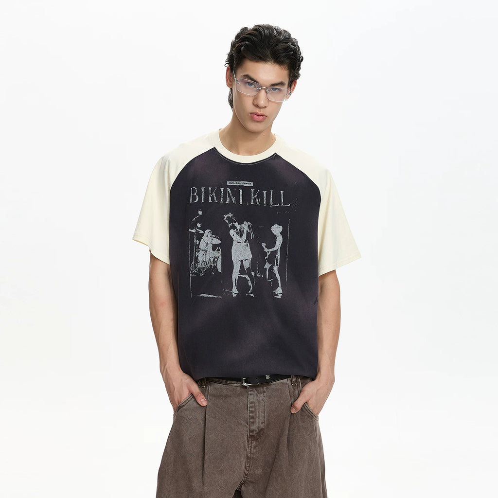 A PUEE Vintage Portrait Printed Ragged Sleeve Tee