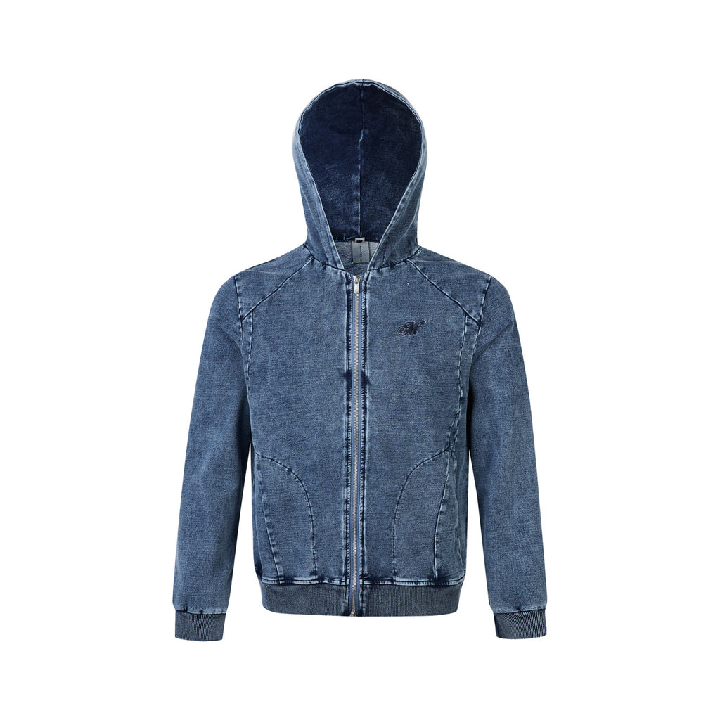 EME Embroidered Alphabet Ninja Hooded Slim-Fit Denim Sweater