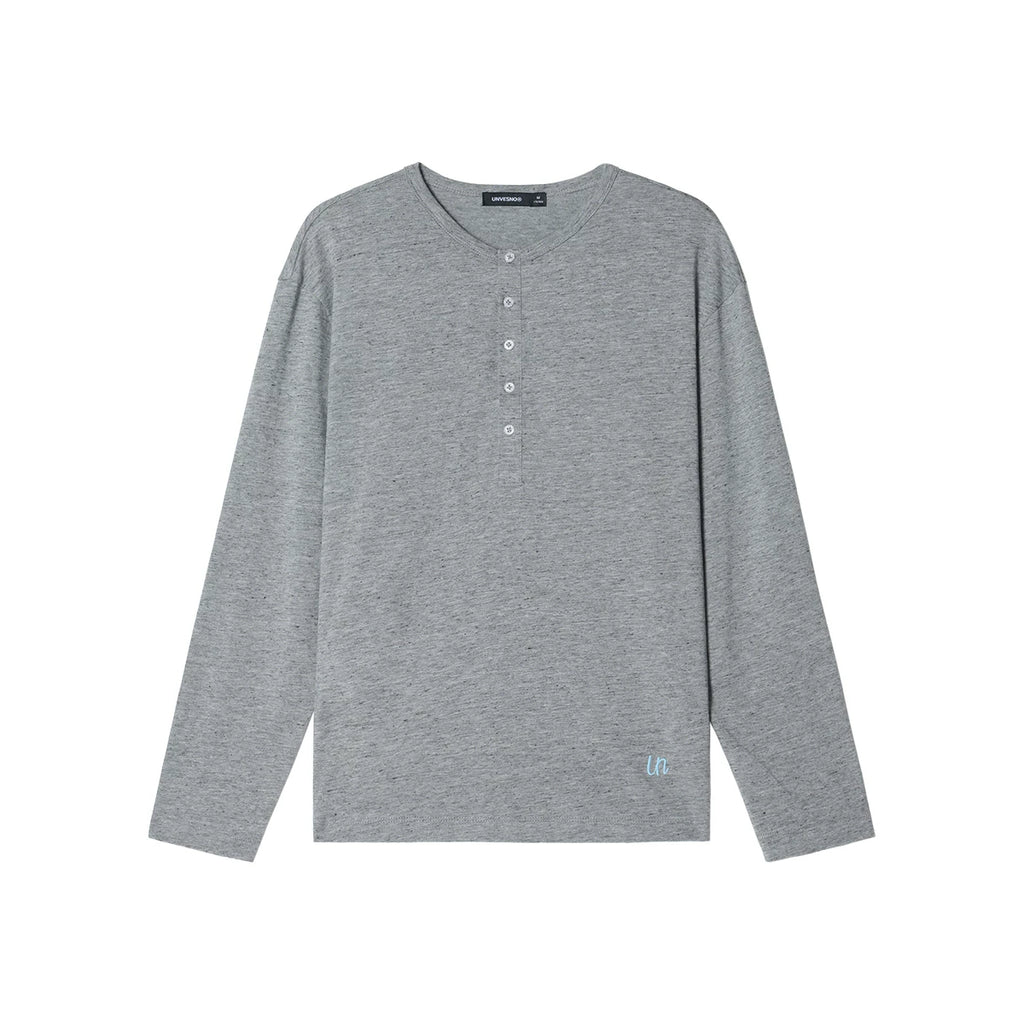 Unvesno Linen Texture Relaxed Long-Sleeve Henley Tee