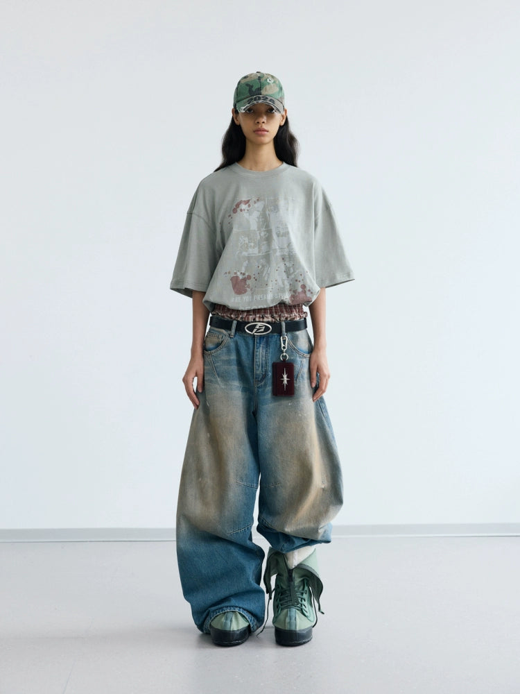PEOPLESENSE Yellow Mud Dyed Dirty Scimitar Washed Wide Leg Jeans