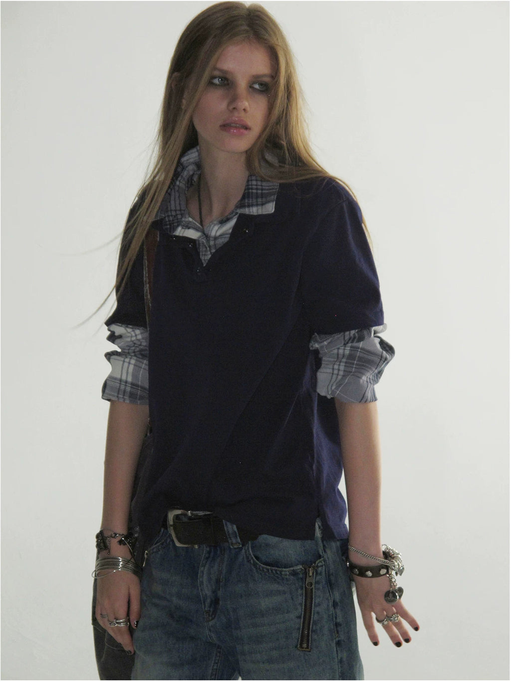 wear And tear Vintage Plaid Two-Layer Loose Drop-Shoulder Shirt