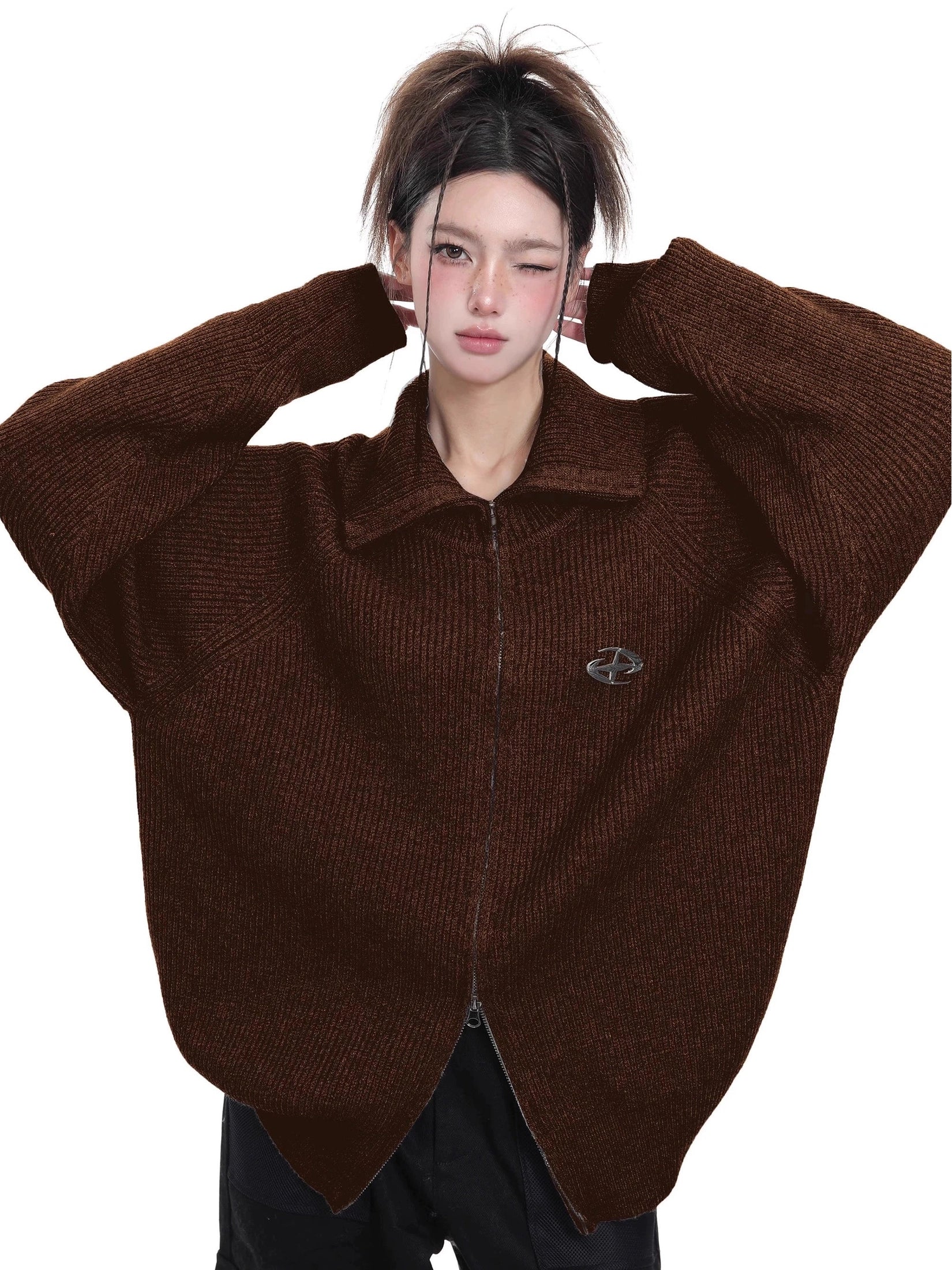 KDASE Double Zipper Stand-up Neck Sweater Jacket
