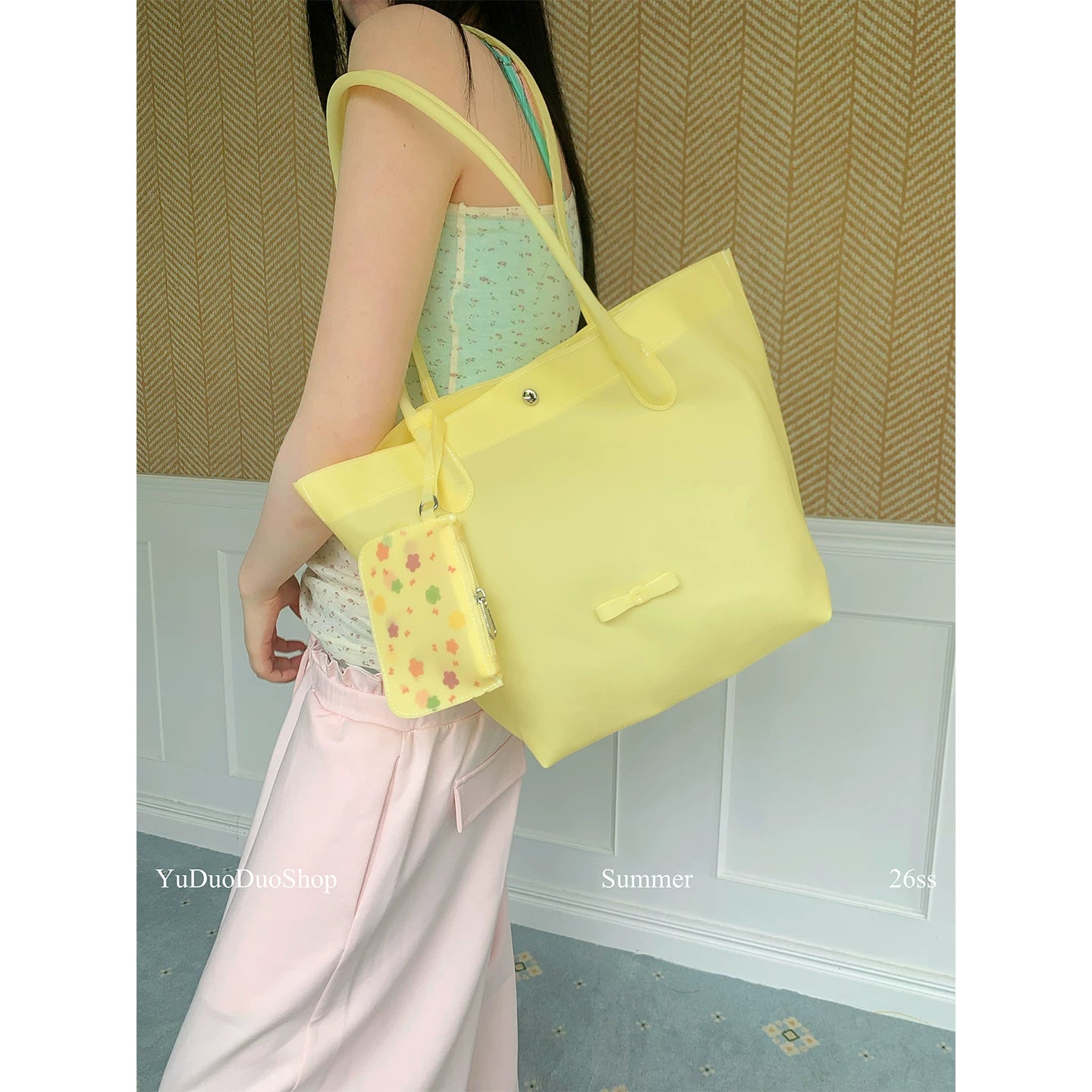 YuDuoDuo Yellow PVC Faux Leather Underarm Bag - Snap Closure