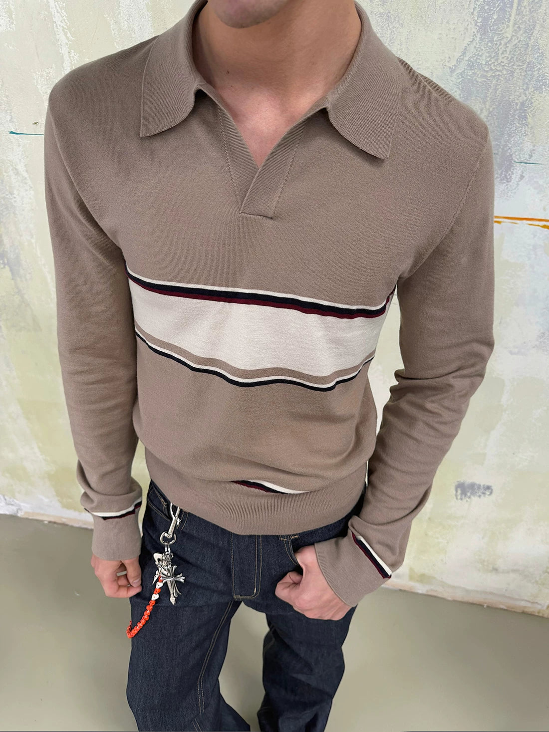 WEAVE Retro Intellectual Brown Striped Slim-Fit Knit Polo Shirt
