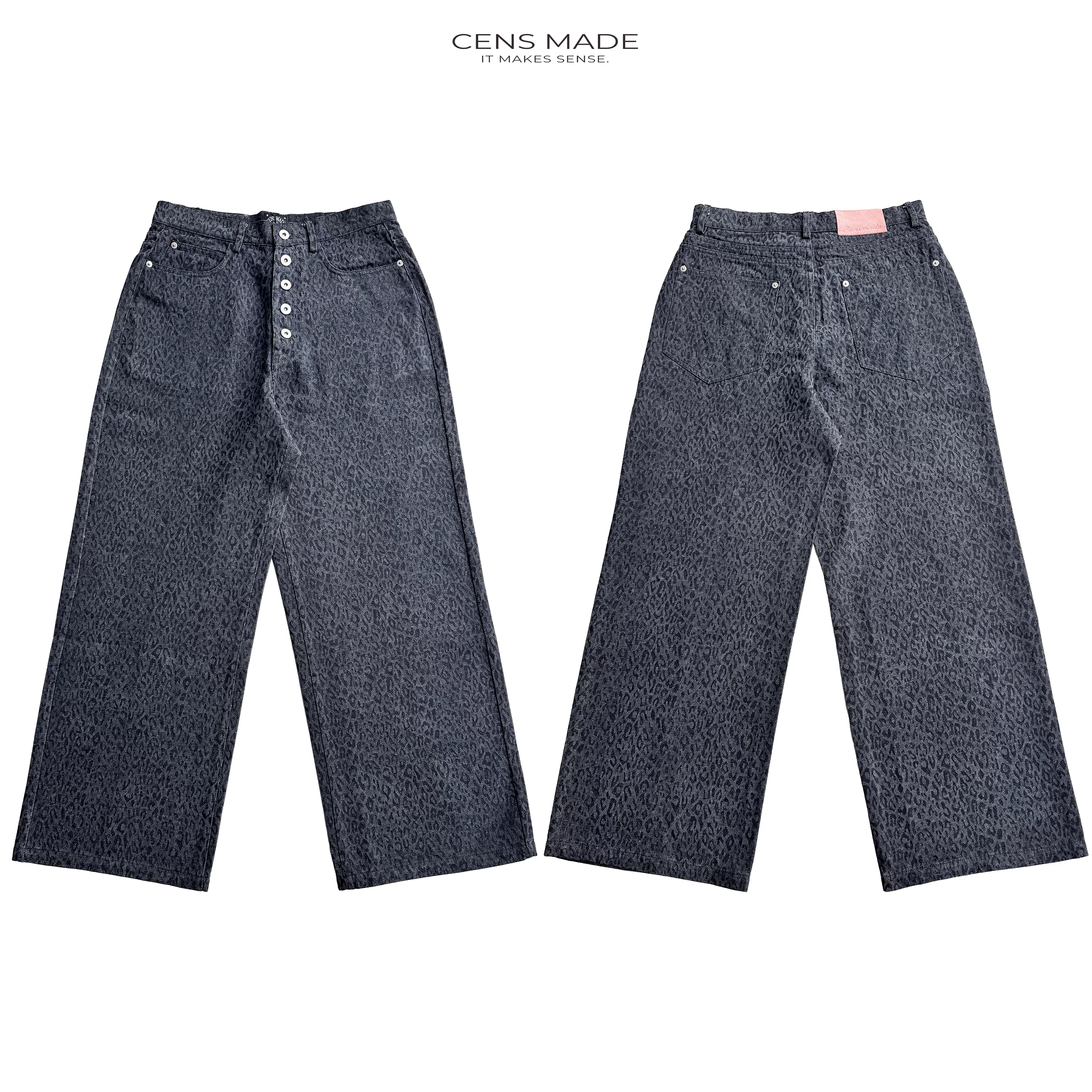 CENSMADE Leopard Print Straight-Leg Baggy Jeans