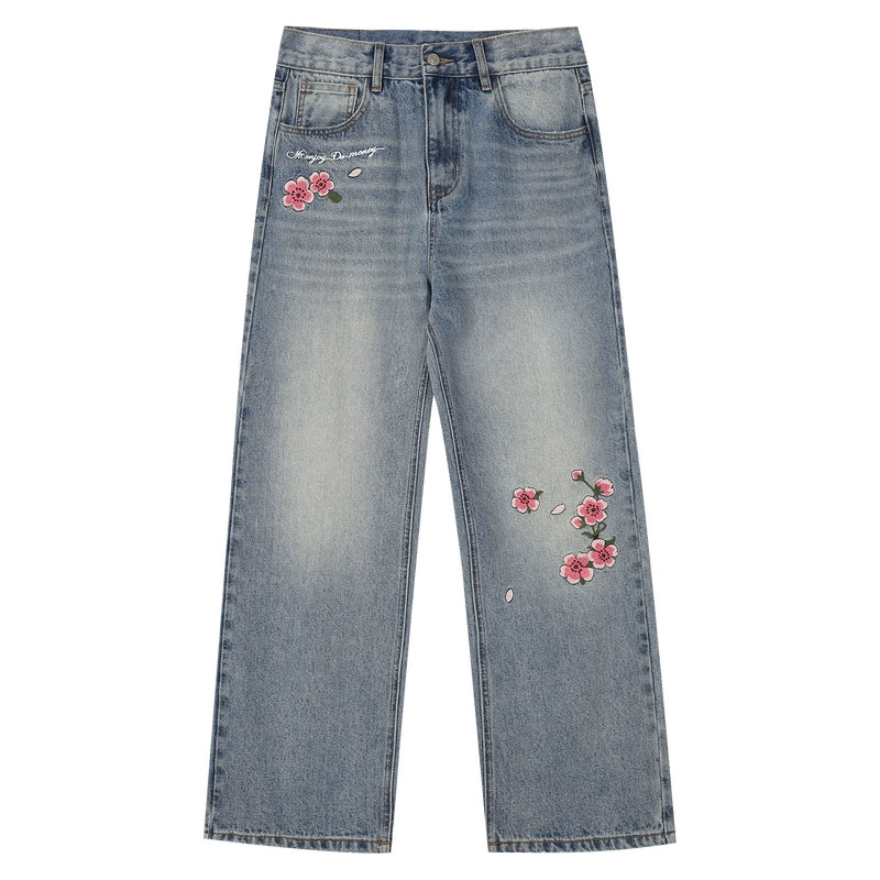 MEDM Sakura Pattern Embroidered Micro-elastic Casual Jeans