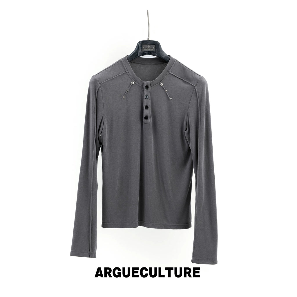 ArguE CulturE Deconstructed Studded Slim-Fit Henley Long-Sleeve Tee