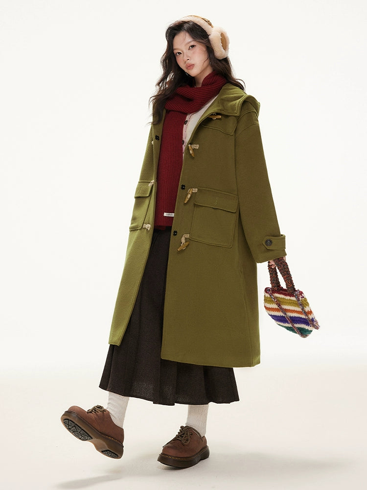 Imone Retro Horn Buckle Casual Medium and Long Woolen Jacket