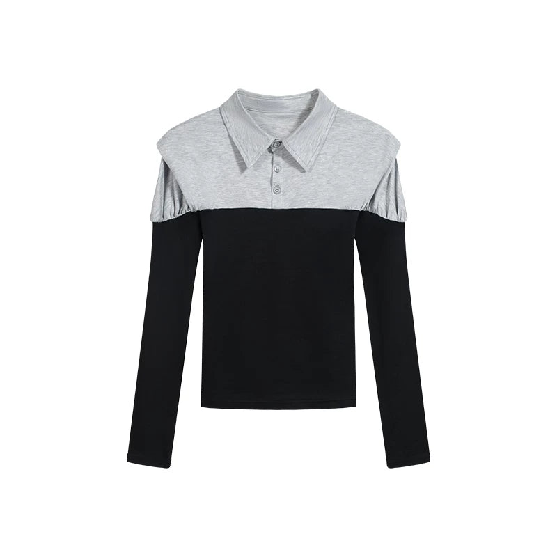 COSTUSTOOT Grey-Black Contrast Slim Fit Long-Sleeve Polo