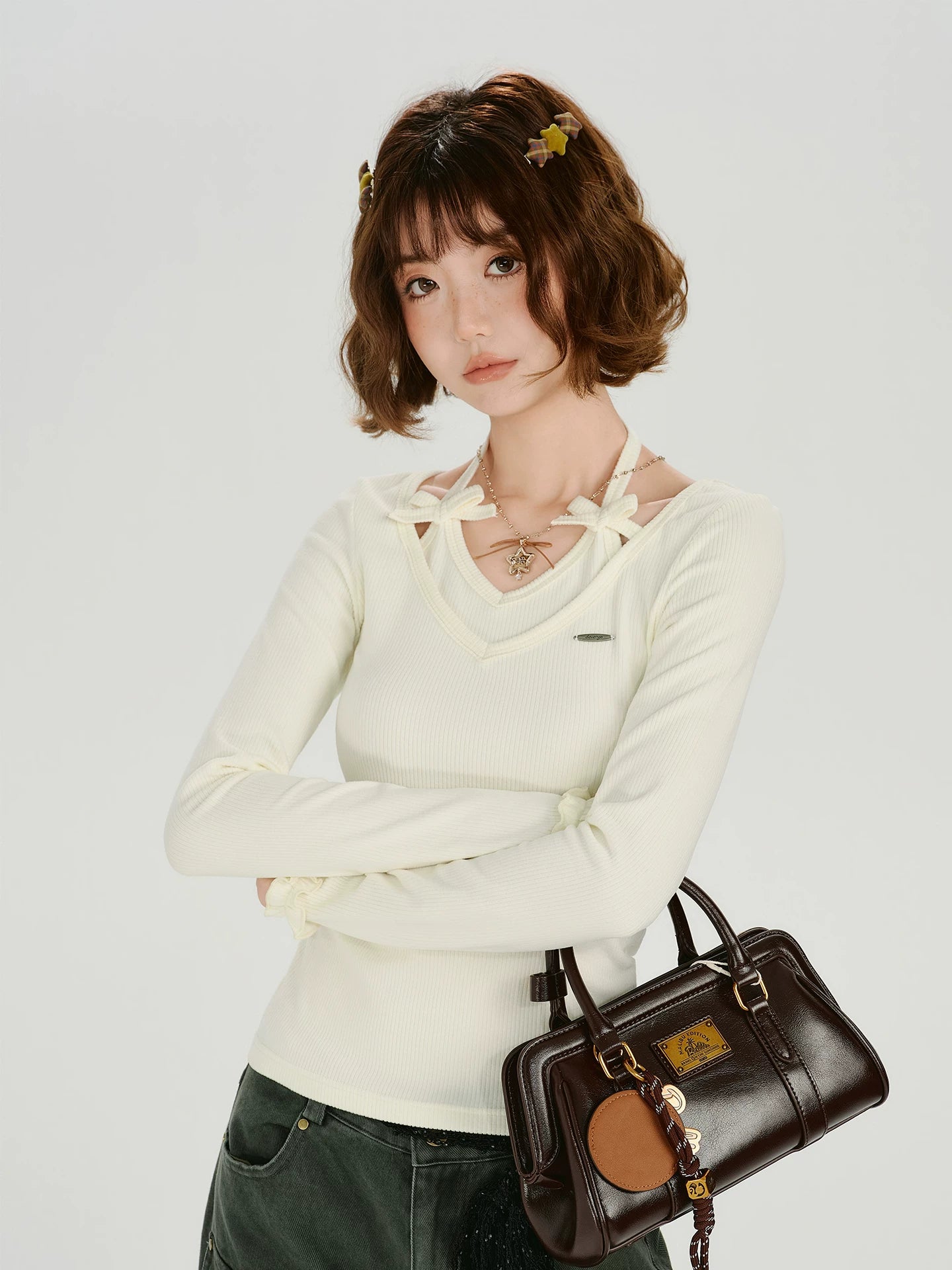 Girlyhalo Vintage Fake Two Piece Neck Slim Long Sleeve