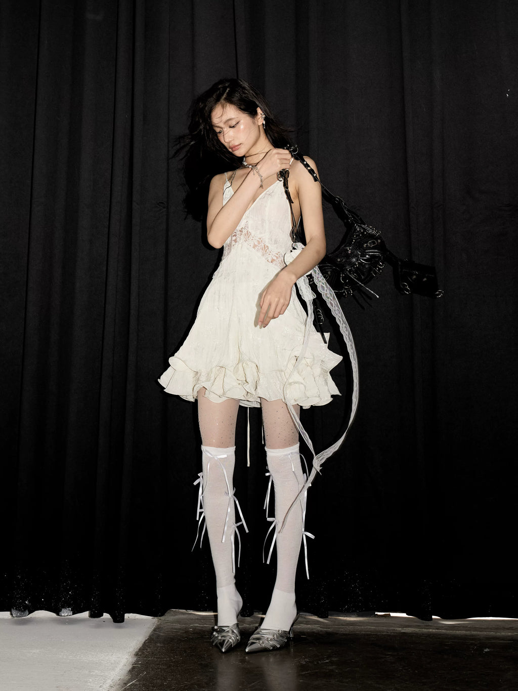 JNYLON Hollow Lace Suspender Dress