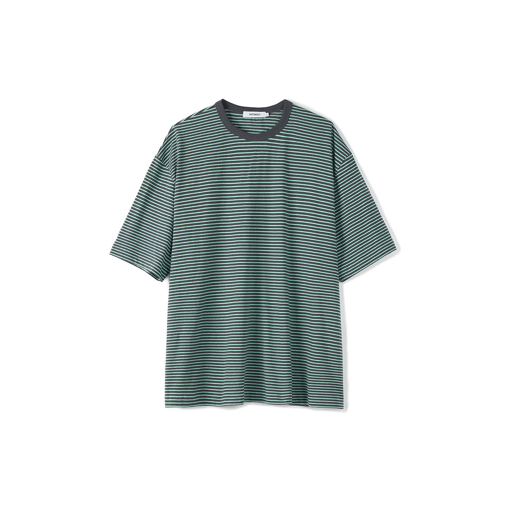 PARTIMENTO Vintage Striped Contrast Collar Loose-Fit Tee