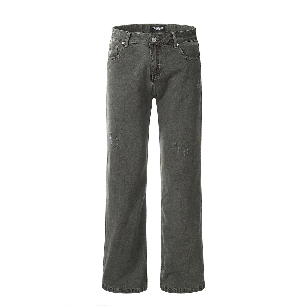 11KN Street Style Distressed Straight Loose Wide-leg Retro Cleanfit Trousers