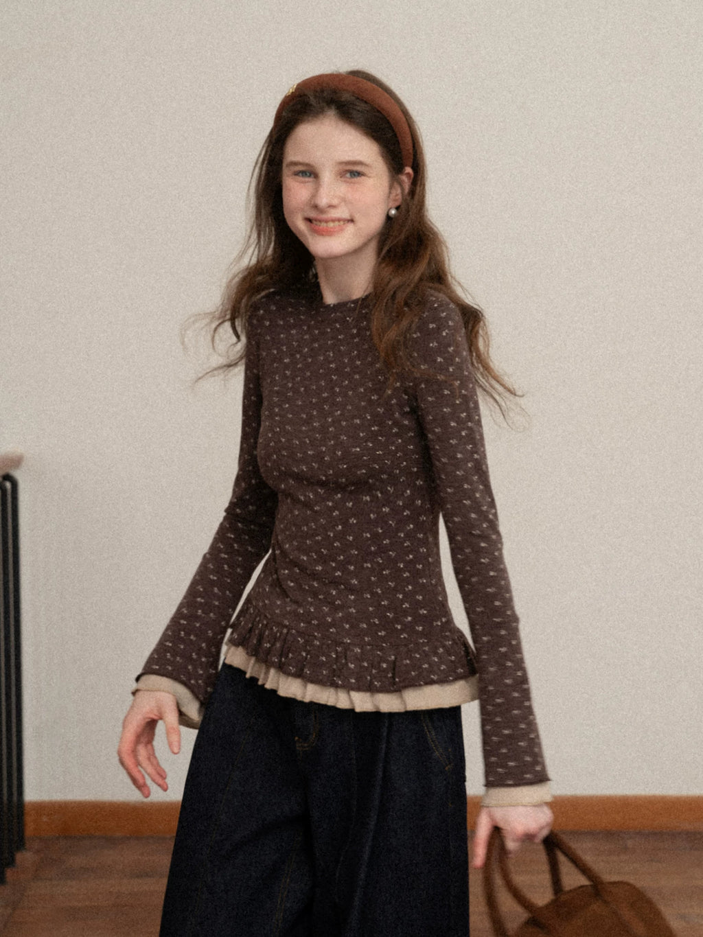 EGGKA Double-layer Lace Polished Floral Slim-fit Long Sleeves