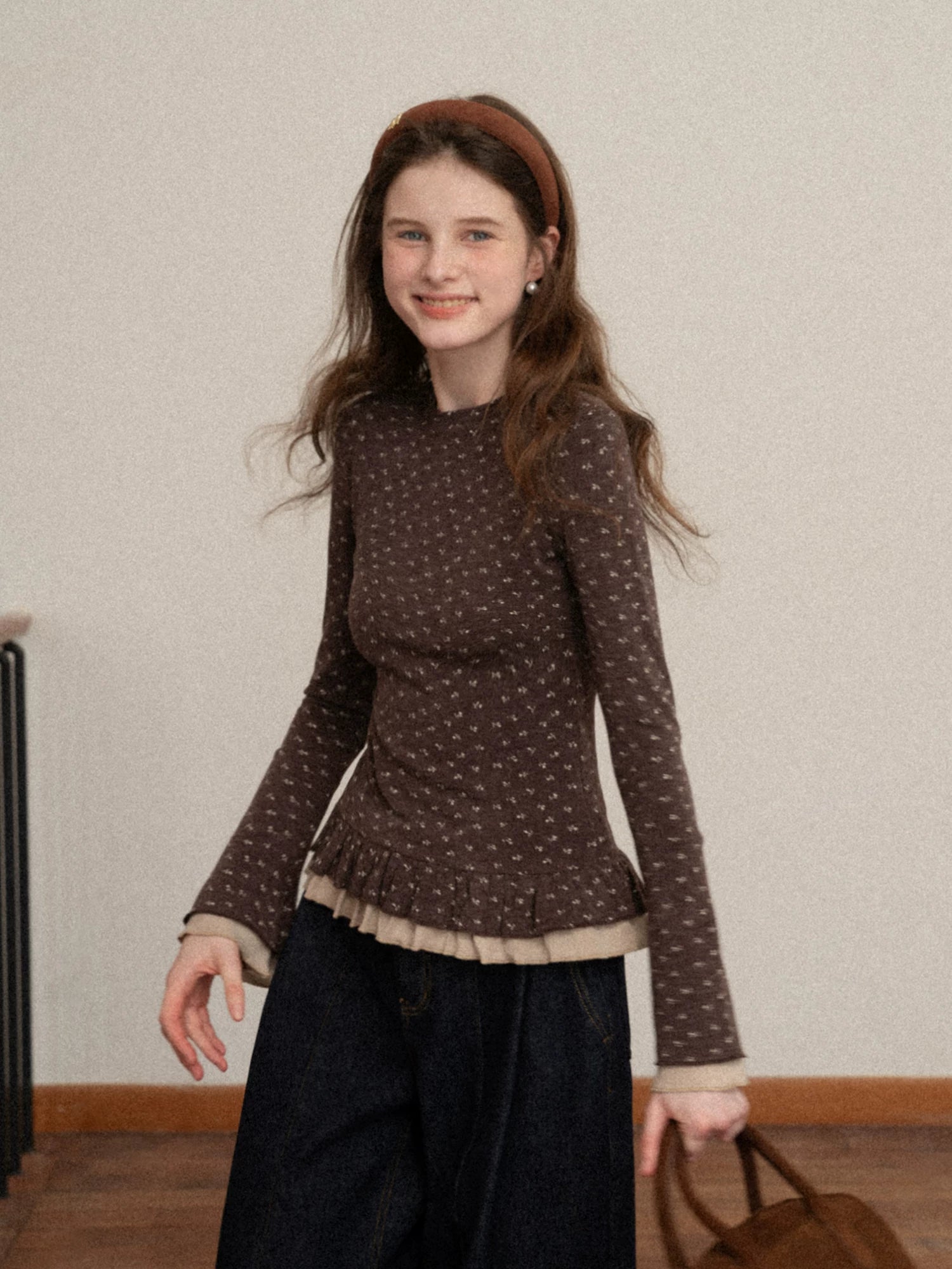 EGGKA Double-layer Lace Polished Floral Slim-fit Long Sleeves