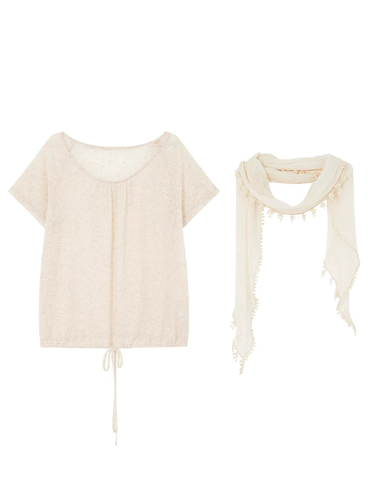 KANO Woven Ribbon Ruffle Scarf Tee Set