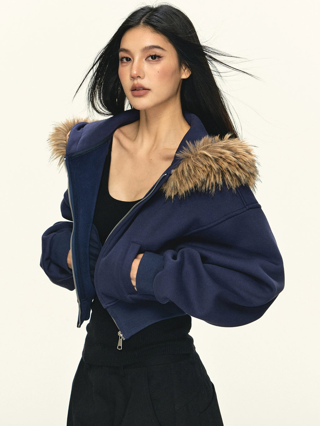 Anna Aneae Hooded Zip Fur Collar Slim Fit Short Jacket