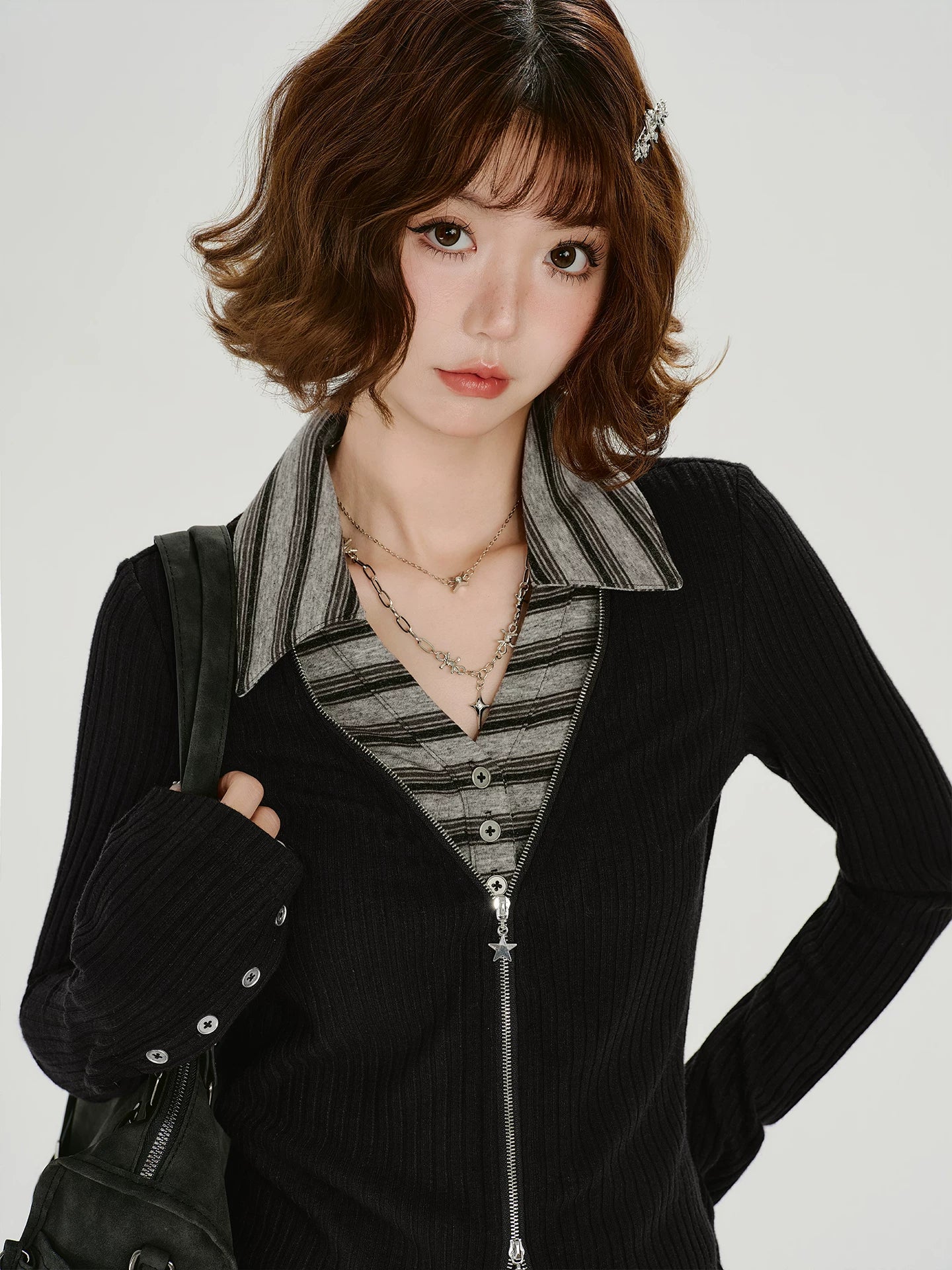 Girlyhalo Vintage Fake Two-Piece Slim-Fit Long Sleeve