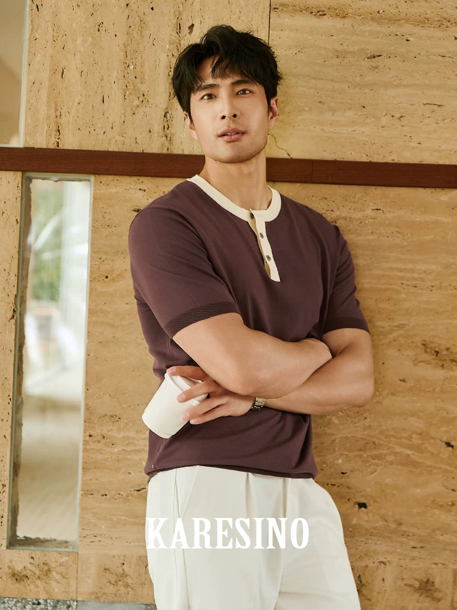 KARESINO Contrast Knit Polo Shirt Breathable Slim Fit