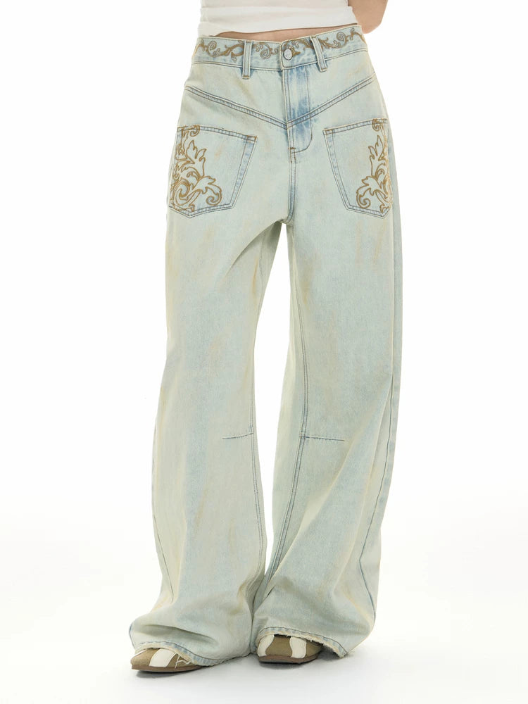 TGNS Vintage Loose Embroidered Low Waist Jeans
