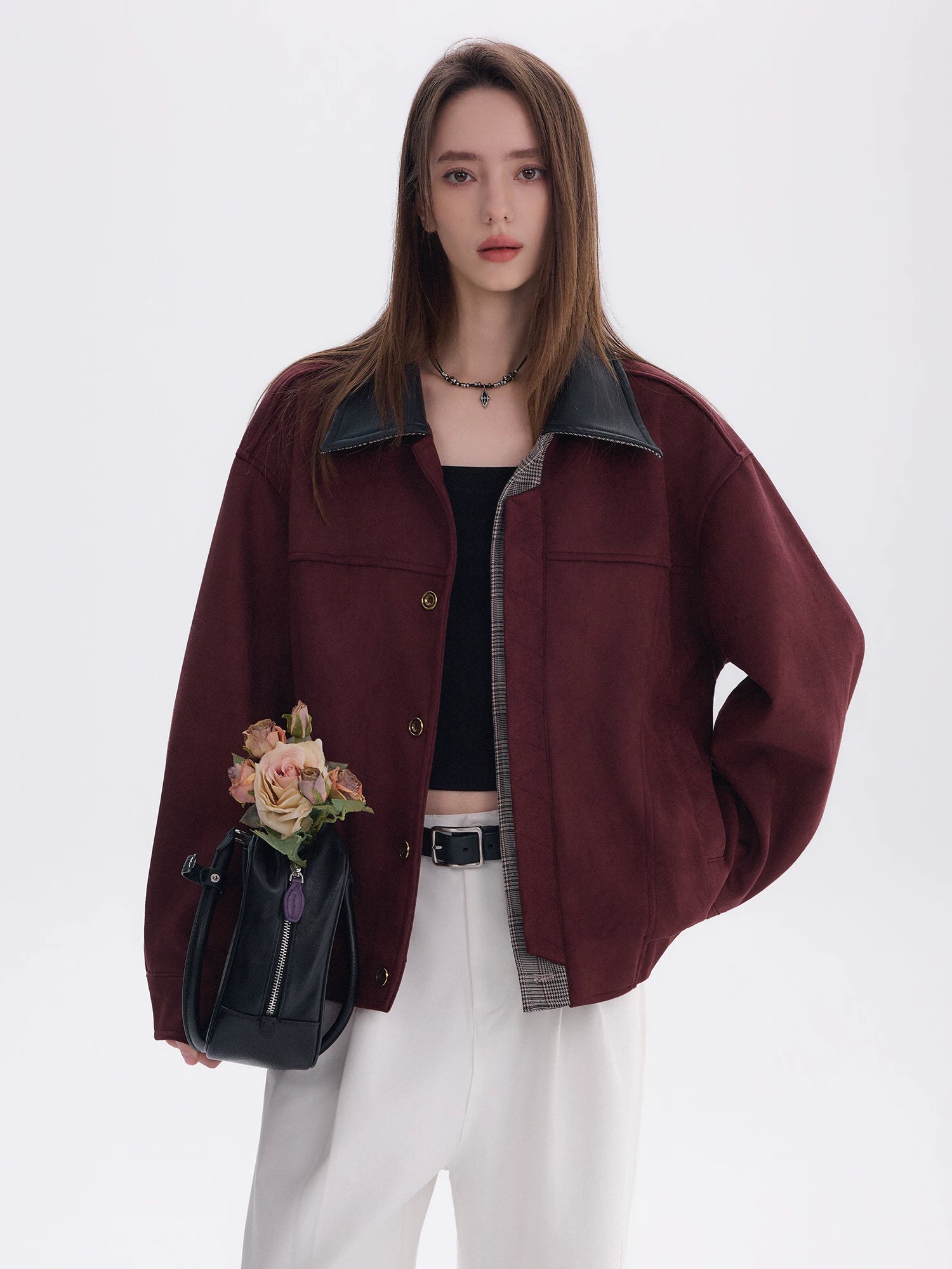 CHOR Color Matching Leather Collar Suede Lapel Jacket