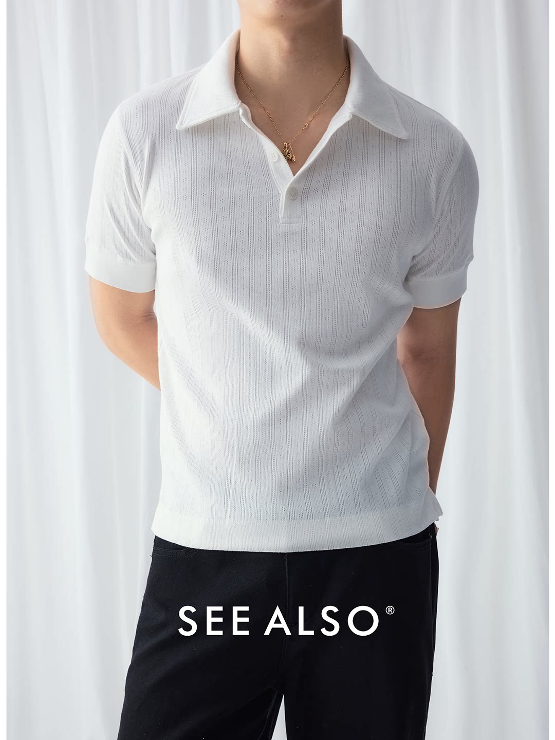 SEE ALSO Heavyweight Vertical Stripe Textured Knit Polo Shirt