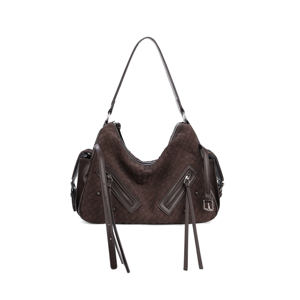 JANDRESS Dark Brown Woven Faux Leather Zip-Top Hobo Shoulder Bag