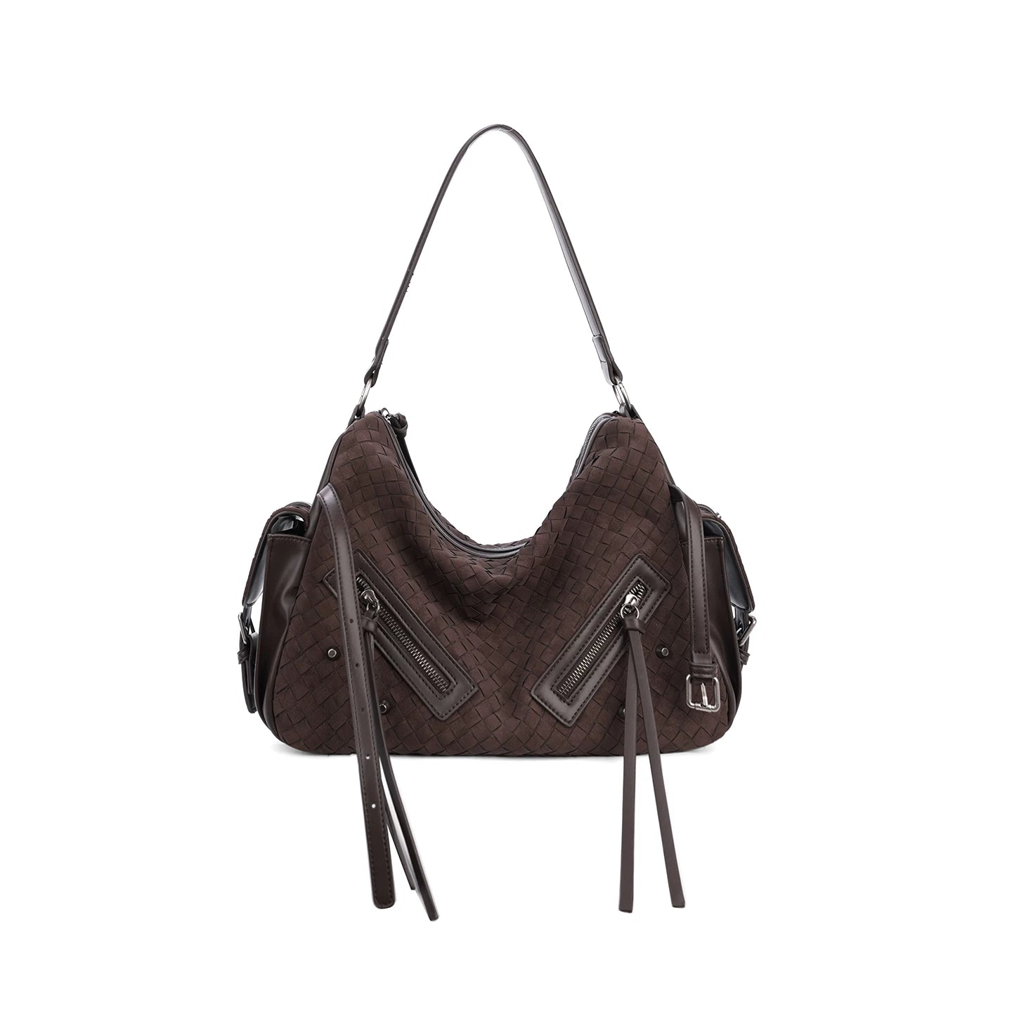 JANDRESS Dark Brown Woven Faux Leather Zip-Top Hobo Shoulder Bag