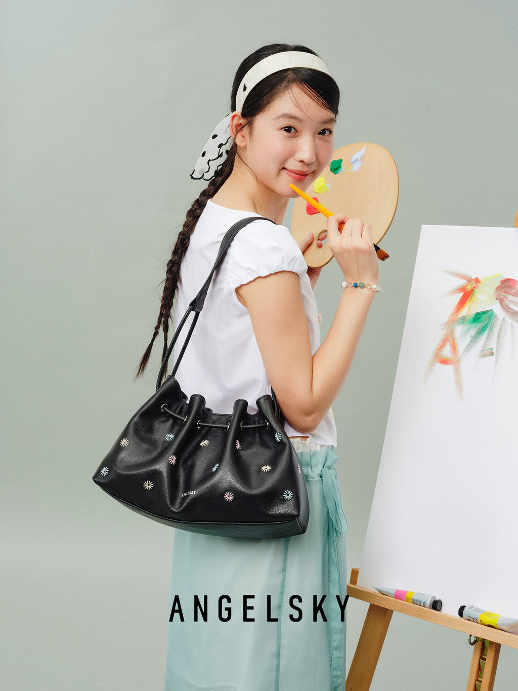 ANGELSKY Black Leather Magnetic Snap Underarm Bag