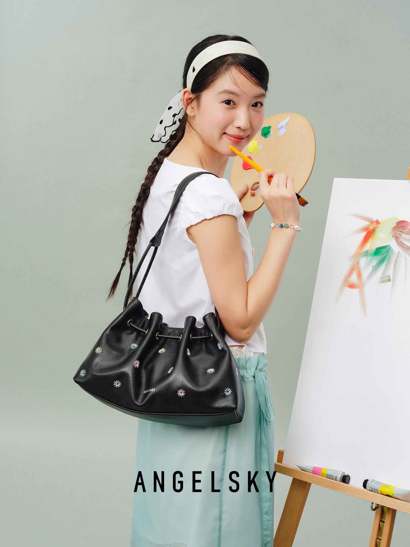 ANGELSKY Black Leather Magnetic Snap Underarm Bag
