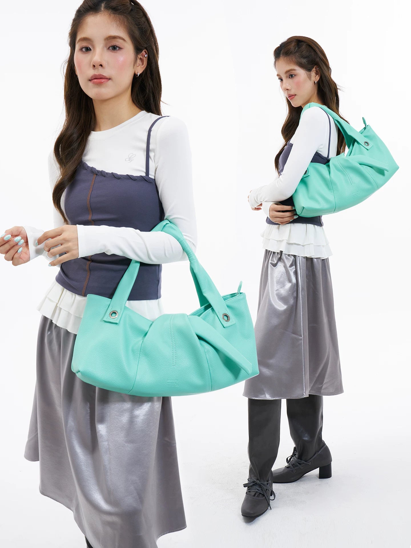 JANDRESS Mint Green Faux Leather Zip-Top Underarm Bag
