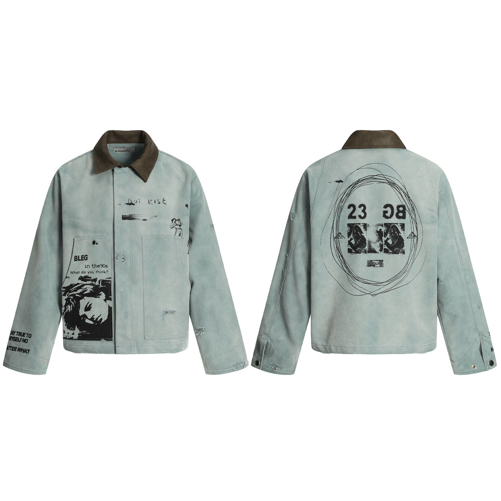 NOMANIAI Vintage Double-sided Print Lapel-neck Leather-neck Zip-up Jacket