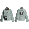NOMANIAI Vintage Double-sided Print Lapel-neck Leather-neck Zip-up Jacket