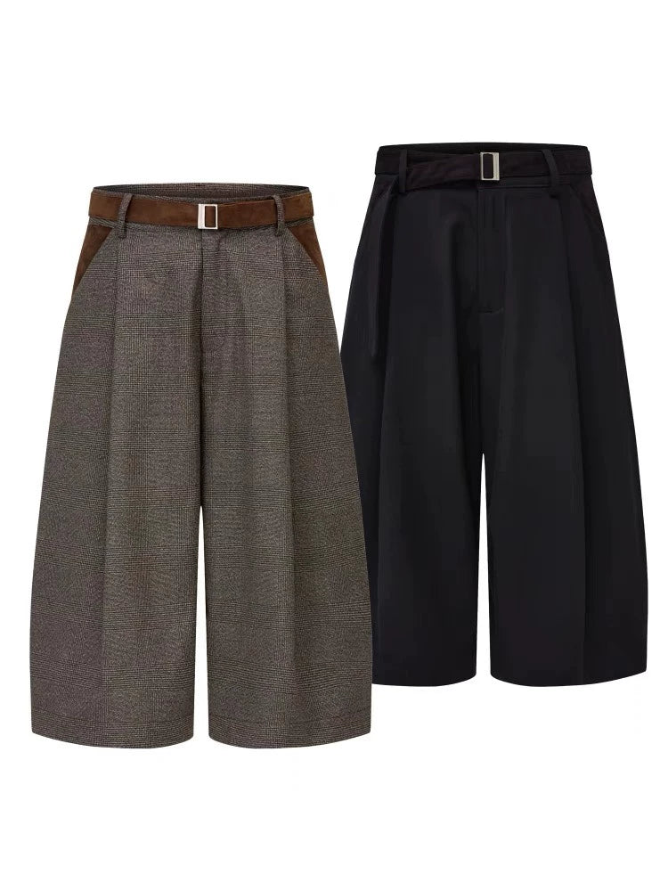 AMBSOM Suede Pleated Houndstooth Patchwork Capri Shorts