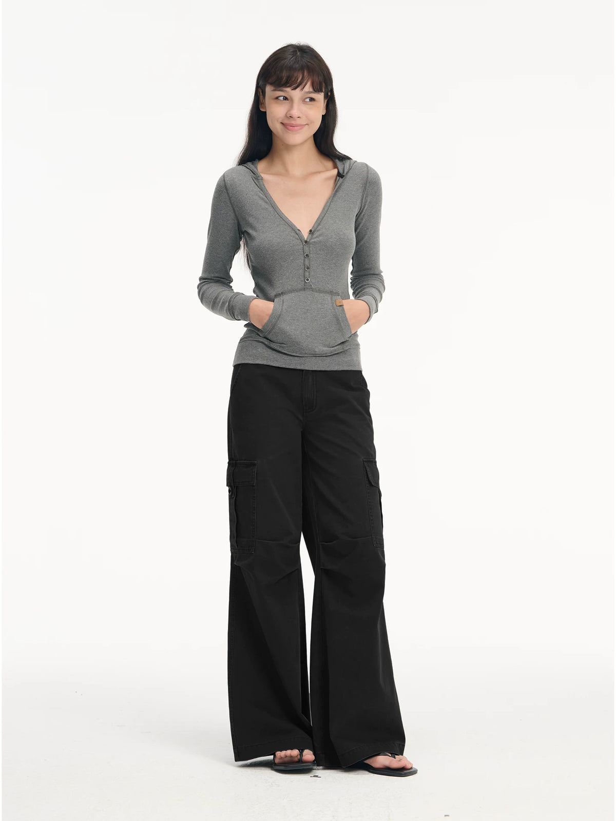 LINY LIBERTY Vintage Washed High-Waist Wide-Leg Cargo Pants