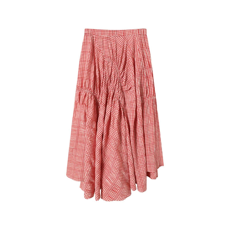 TGNS Klingsor's Red Plaid Irregular Hem Midi Skirt