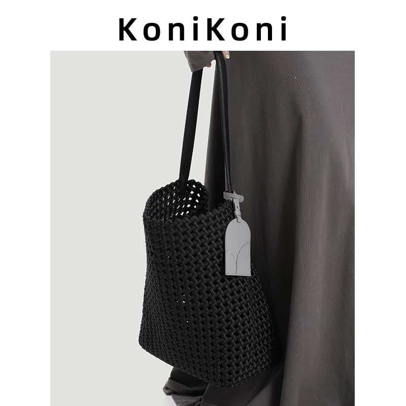 KoniKoni Black Woven Bucket Bag - Shoulder & Underarm