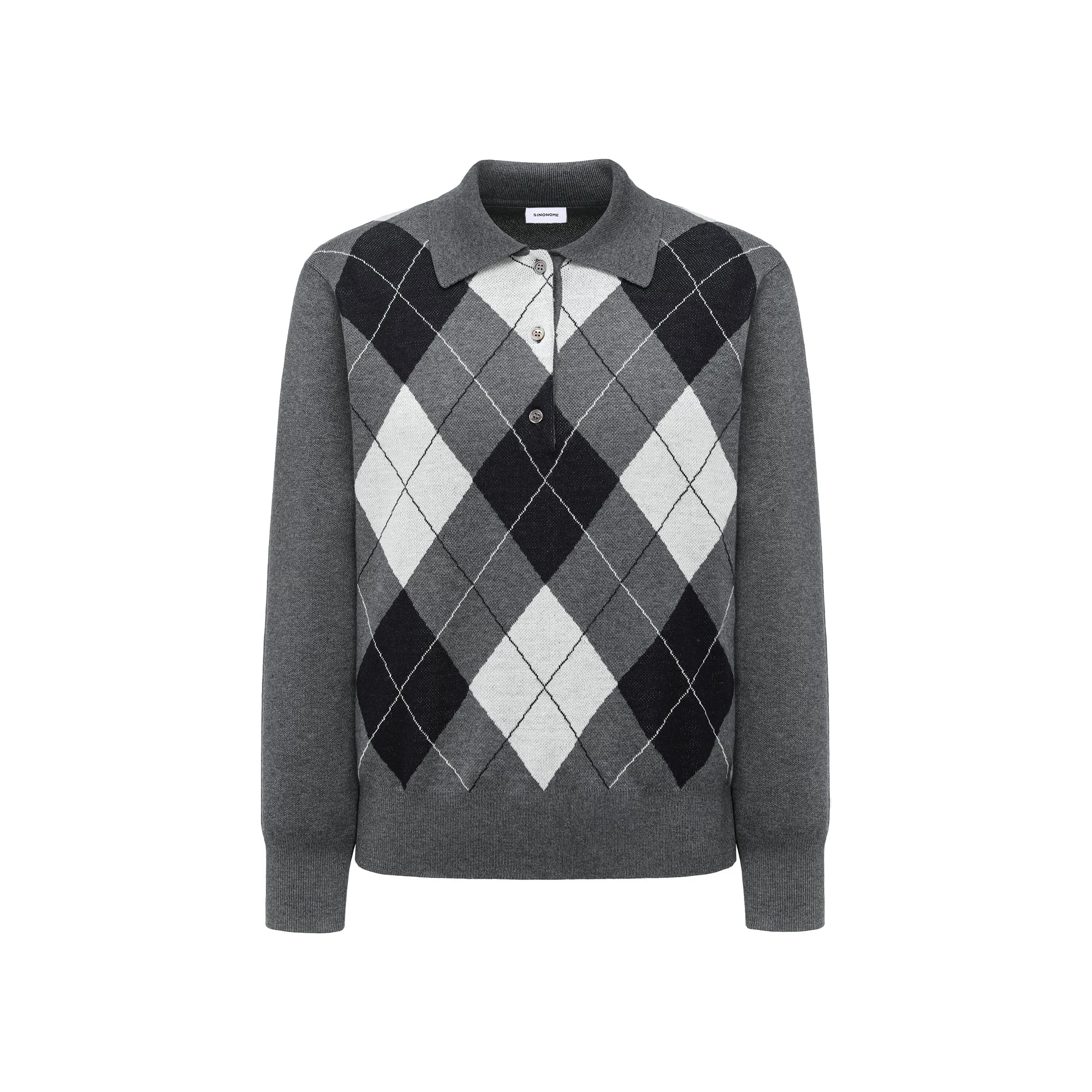 SINONOME wool blended grid retro Polo long-sleeved knitted sweater