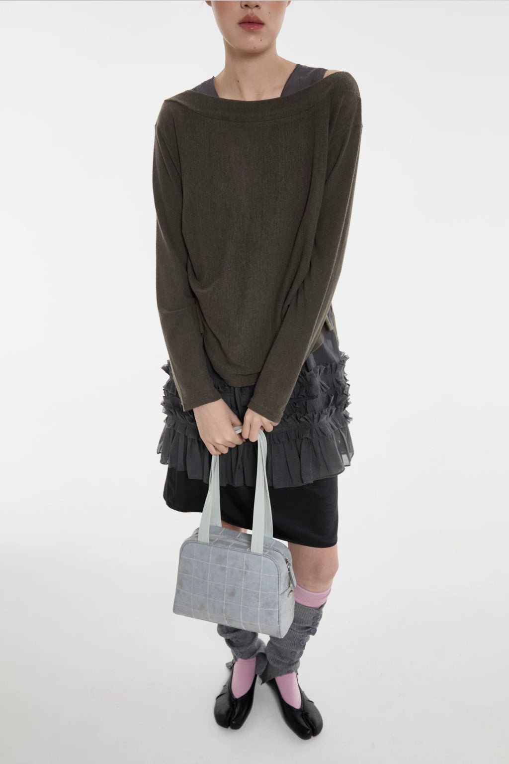 DIRTY SIX Gray Woven Fabric Zip-Top Shoulder Bag