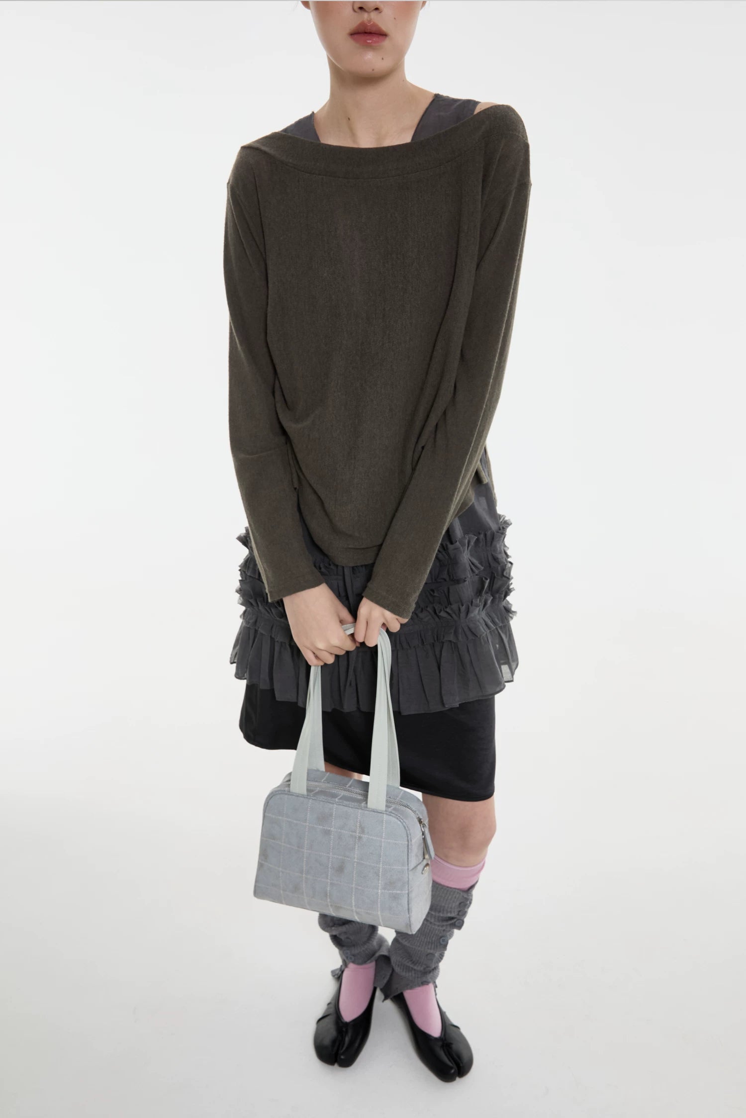 DIRTY SIX Gray Woven Fabric Zip-Top Shoulder Bag