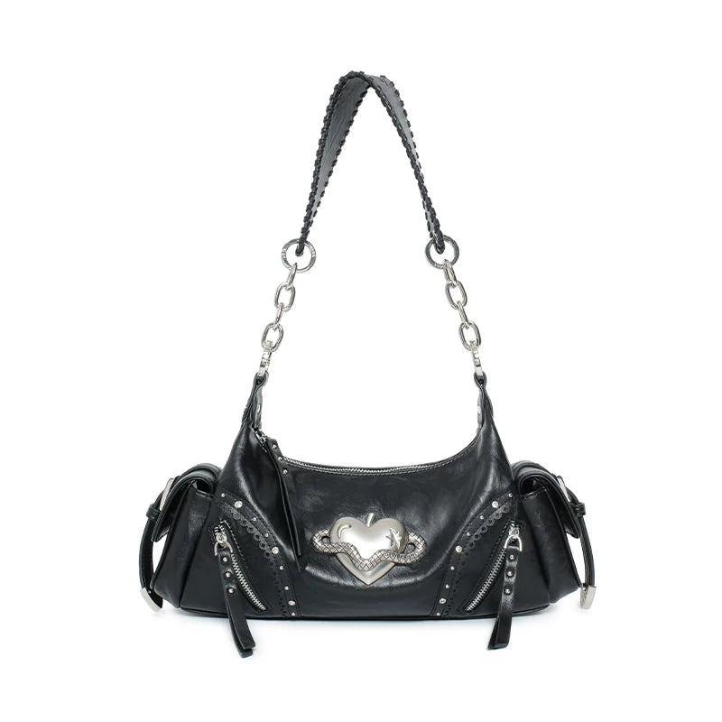 VFVF Black Faux Leather Zip-Top Baguette Bag