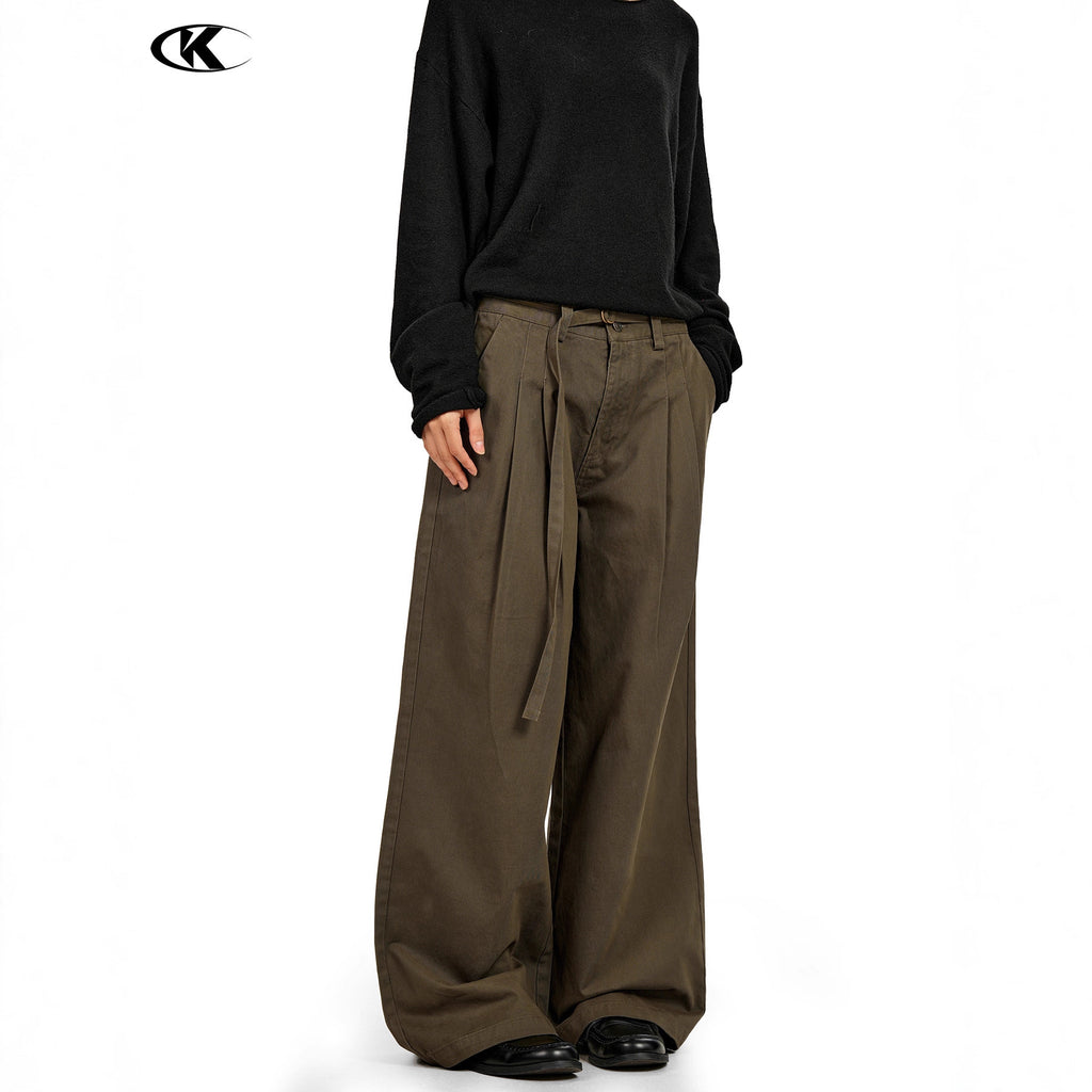 11KN American Retro Coffee Green Pleated Wide-Leg Pants